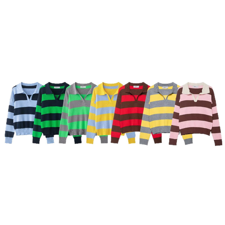 Women Striped Oversize Rugby Sweater with Polo Collar and V-Neck Mune Fashion
