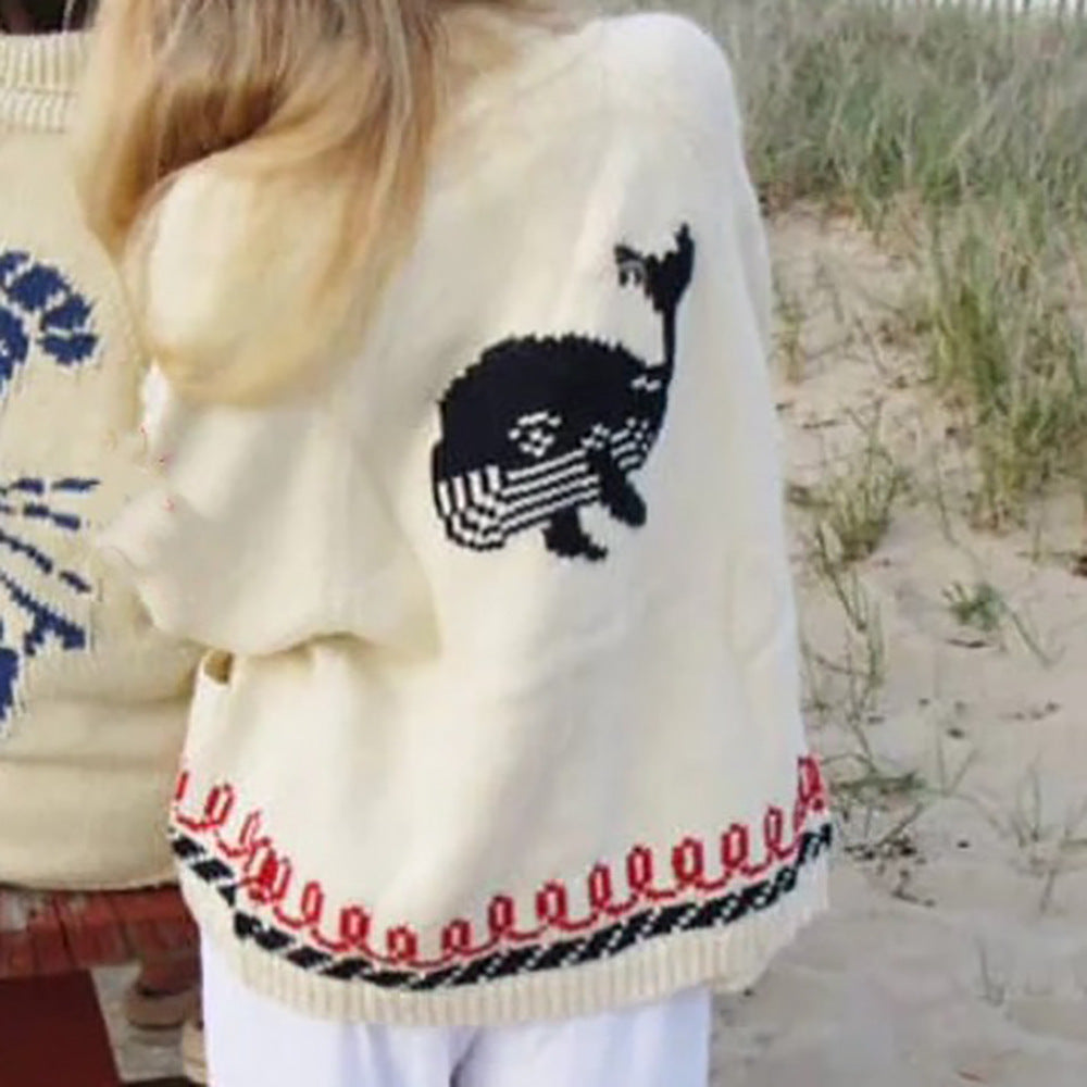 Women's Oversize Knitted Cardigan with Whale Motif and Nautical Contrast Border Mune Fashion