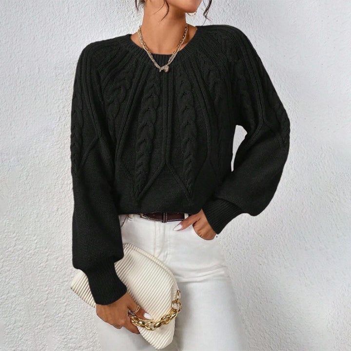 Women's short cable knit sweater with balloon sleeves and ribbed hem Mune Fashion