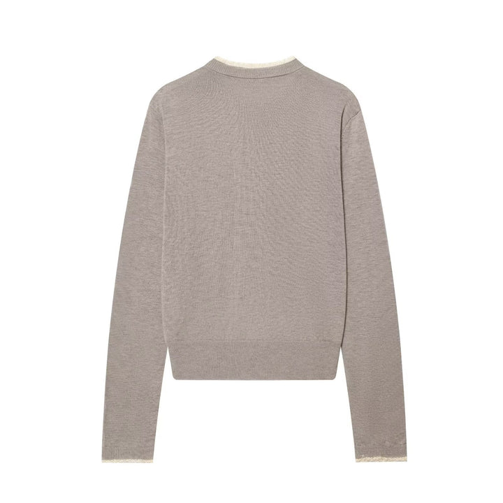 Ladies fine knit cardigan with round neck, button placket and lace trim Mune Fashion
