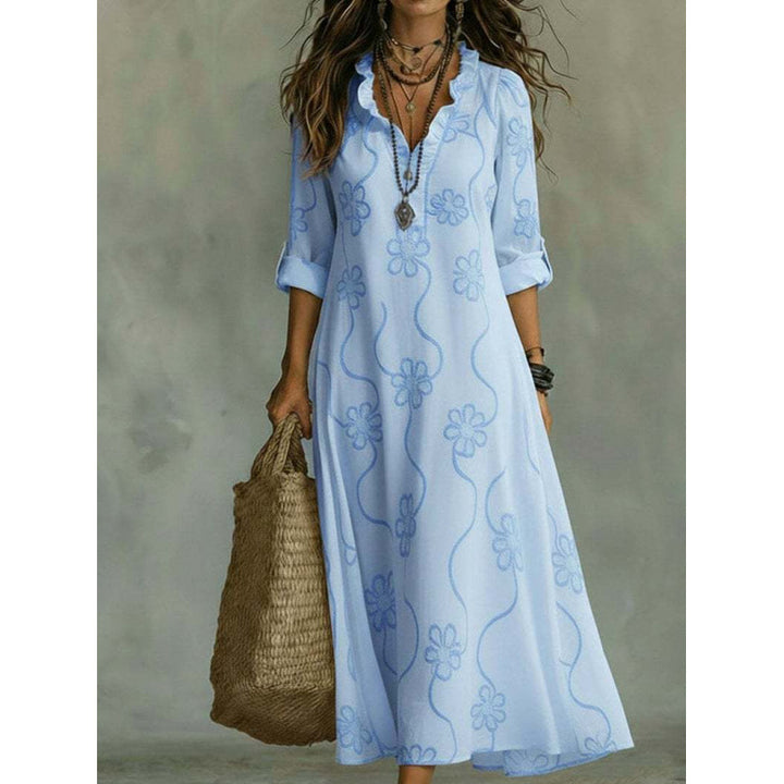 Women Long Boho Maxi Dress with Floral Embroidery and V-Neck Mune Fashion