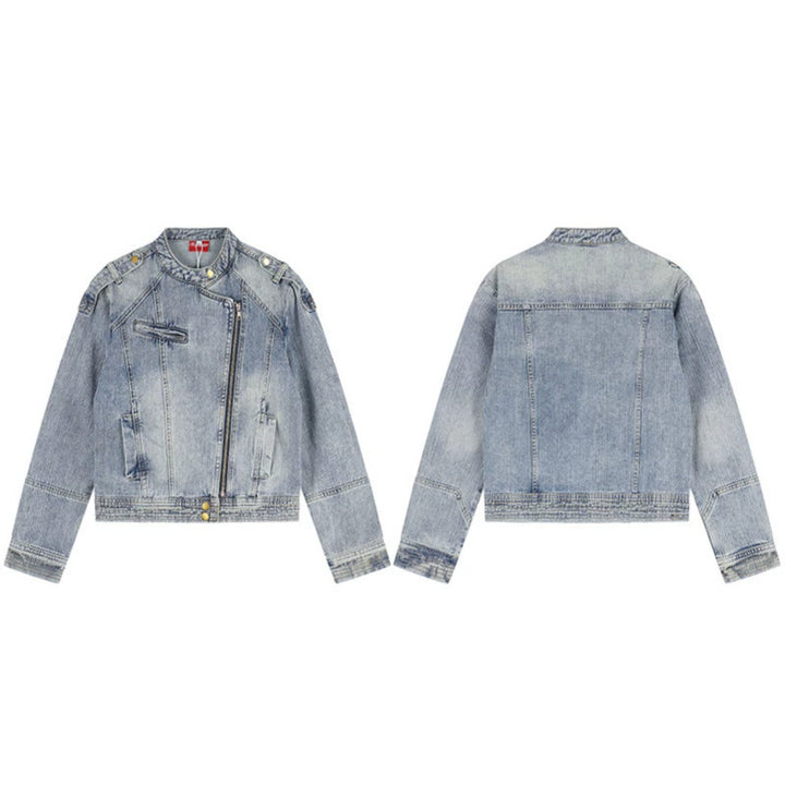 Women's asymmetrical biker-style denim jacket with stand-up collar and diagonal zipper Mune Fashion