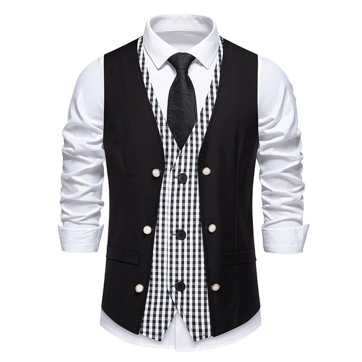 Men's two-piece layered vest with contrasting checkered inner leg and decorative mother-of-pearl buttons Mune Fashion