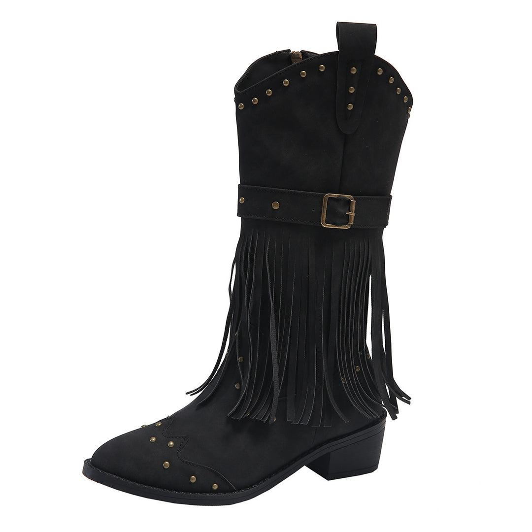 Women nan western boots with fringes, studs, and buckle straps Mune Fashion