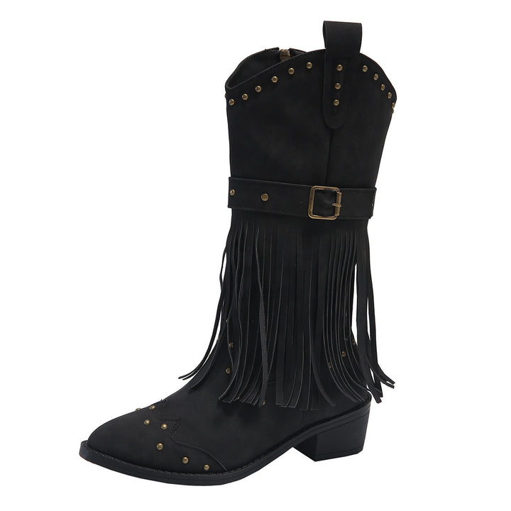 Women nan western boots with fringes, studs, and buckle straps Mune Fashion
