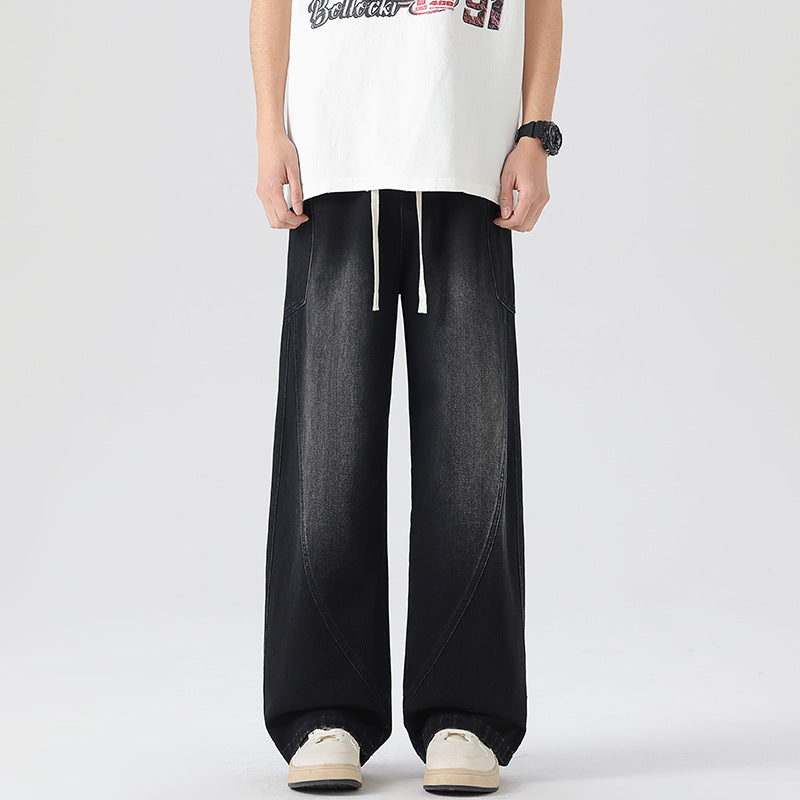 Men's Extra Wide Denim Baggy Pants with Drawstring Waist and Panel Seams Mune Fashion