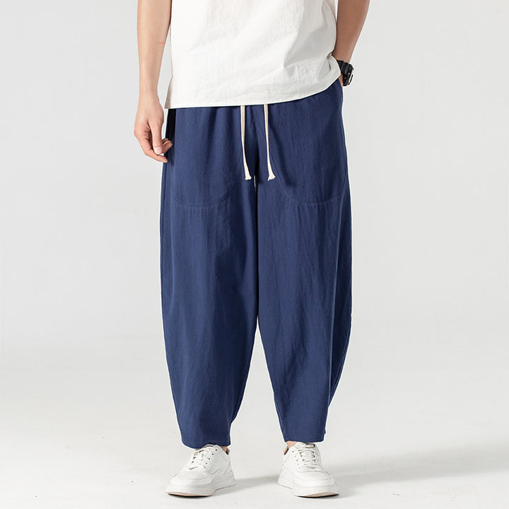 Men's Casual Linen-Cotton Pants with Wide Leg, Drawstring, and Patch Pockets Mune Fashion