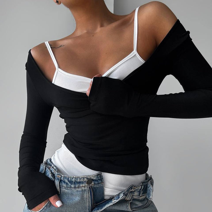 Women tailored longsleeve cropped top with square neckline and double spaghetti straps Mune Fashion