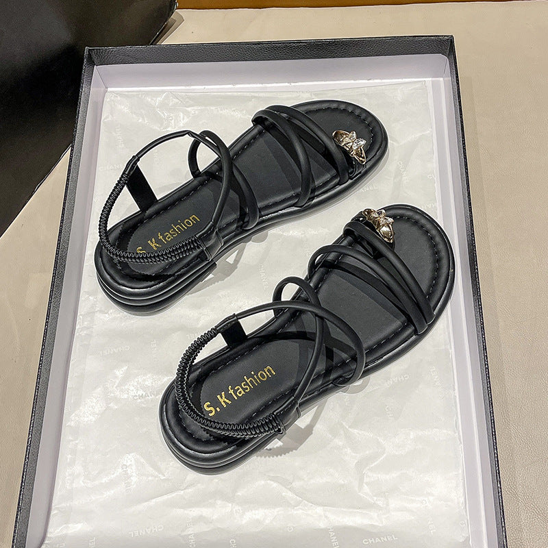 Women's Flat Strappy Sandals with Toe Post, Elastic Heel Strap, and Decorative Application Mune Fashion
