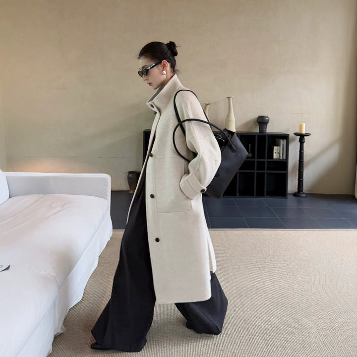 Women's Oversized Wool Coat with Stand-Up Collar and Large Flap Pockets Mune Fashion