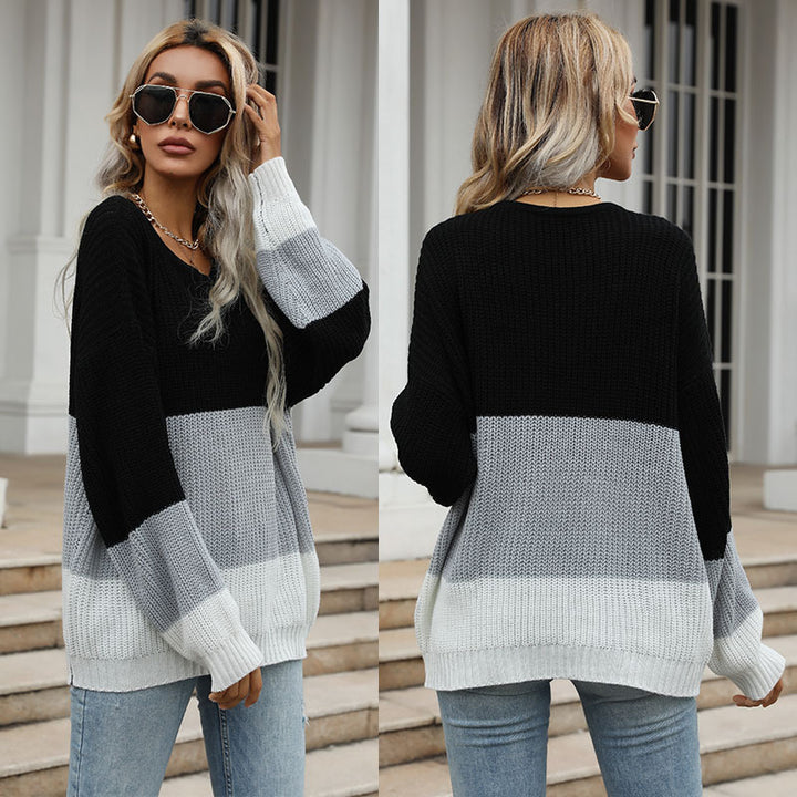 Women's Oversize Fine Knit Sweater with Wide Block Stripes and Round Neck Mune Fashion