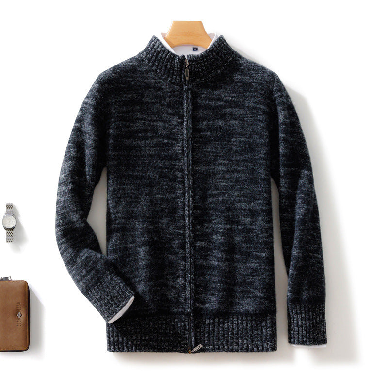 Men's Casual Zip Mock Neck Sweater made from Wool Blend with Brushed Mohair Look and Stand-up Collar Mune Fashion