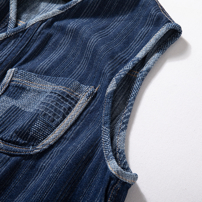 Men's Sleeveless Denim Vest in Workwear Look with Large Patch Pockets Mune Fashion