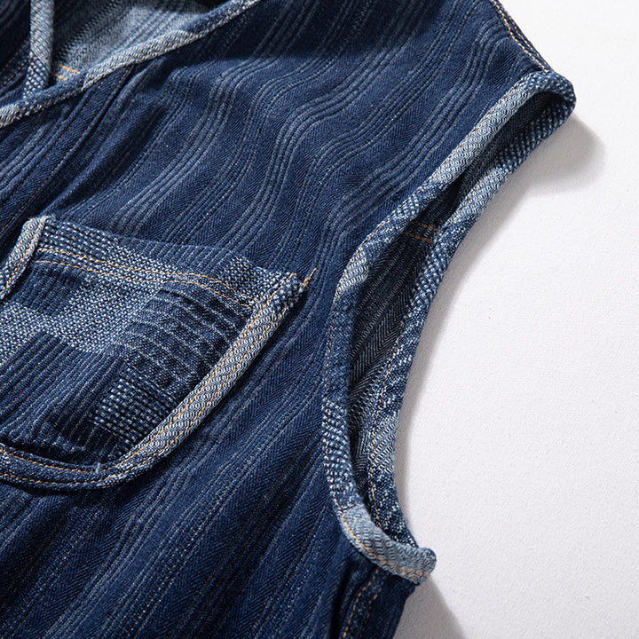 Men's Sleeveless Denim Vest in Workwear Look with Large Patch Pockets Mune Fashion