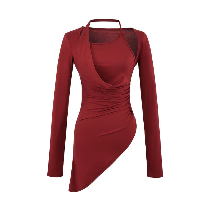 Women Fitted Long Sleeve Midi Dress with Asymmetrical Hem, Gathering and Halter Neck