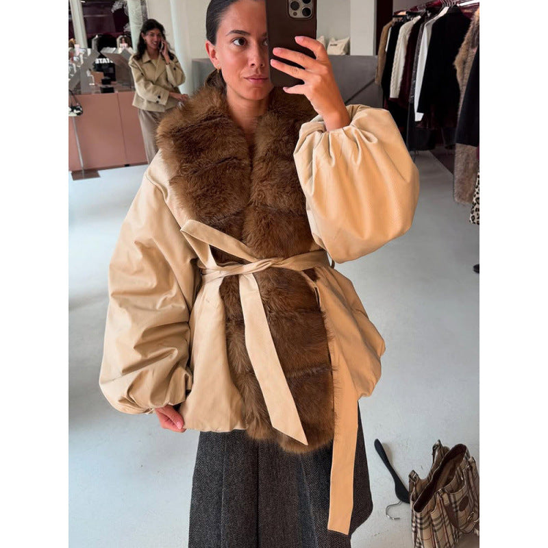 Women Short Tailored Jacket with Fur Collar and Balloon Sleeves Mune Fashion