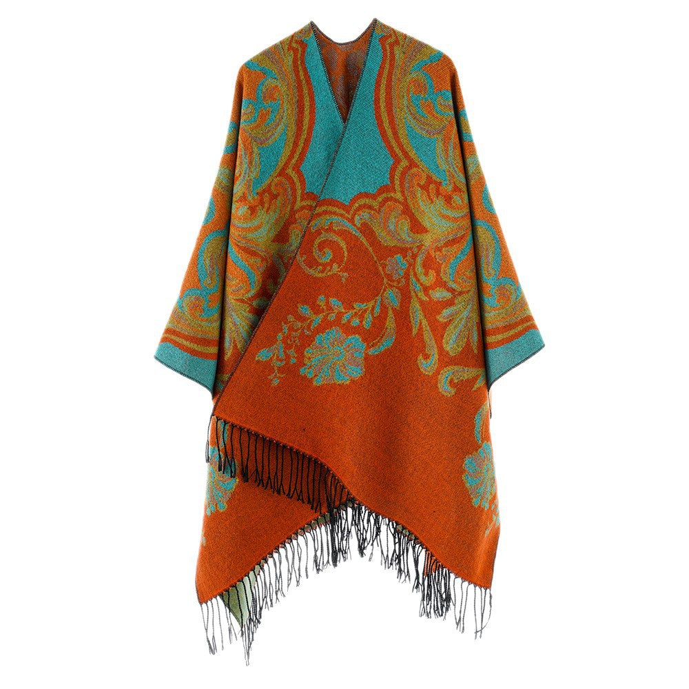 Women Jacquard Poncho Wrap in Baroque Pattern with Fringes Mune Fashion
