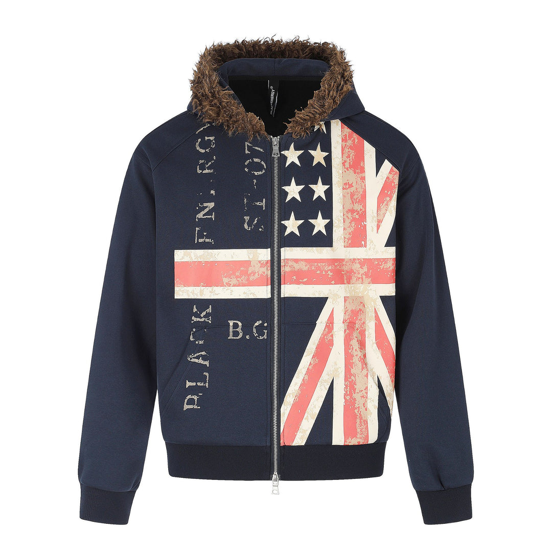 Men's hoodie jacket with faux fur trim, zipper, and vintage flag print Mune Fashion