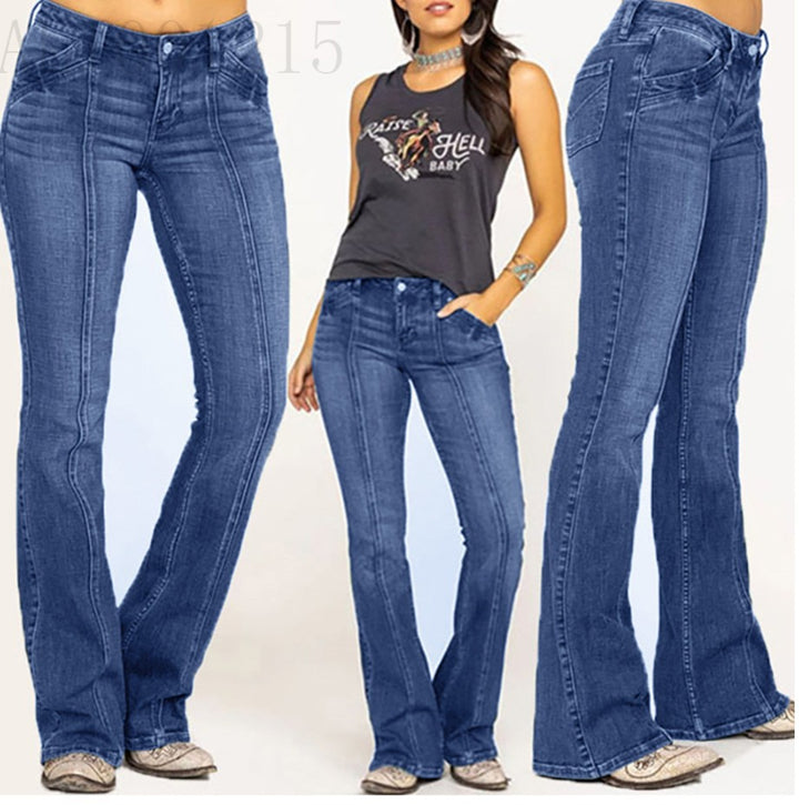 Women's wide flared jeans with high-cut waist, figure-hugging hip cut, and elastic denim Mune Fashion