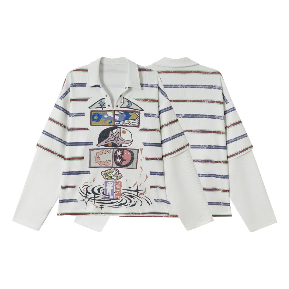 Women Waffle Polo Shirt with Graphic Print, Stripes and Half Snap Placket Mune Fashion