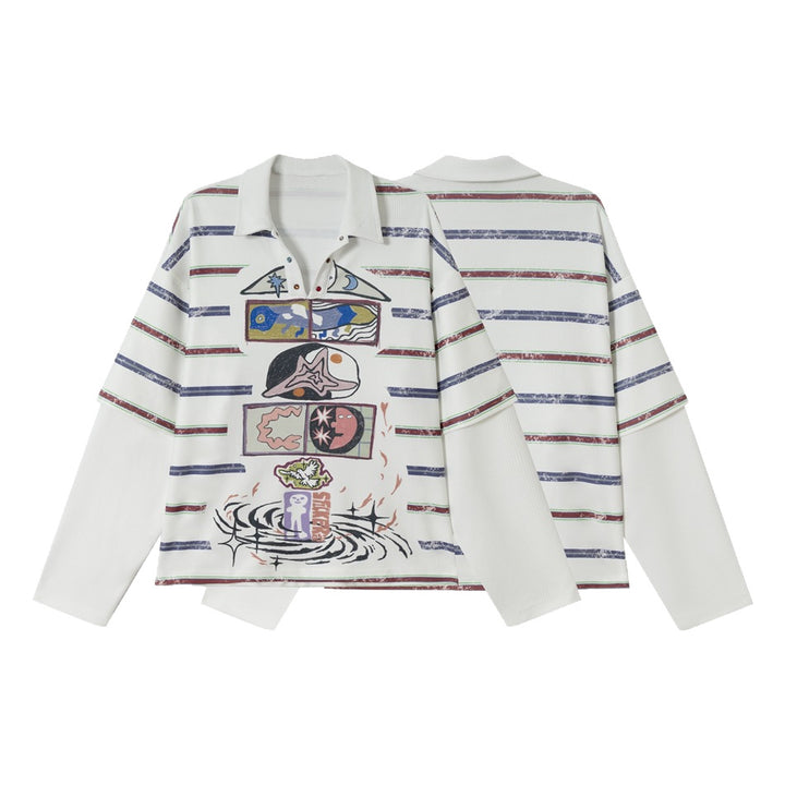 Women Waffle Polo Shirt with Graphic Print, Stripes and Half Snap Placket Mune Fashion