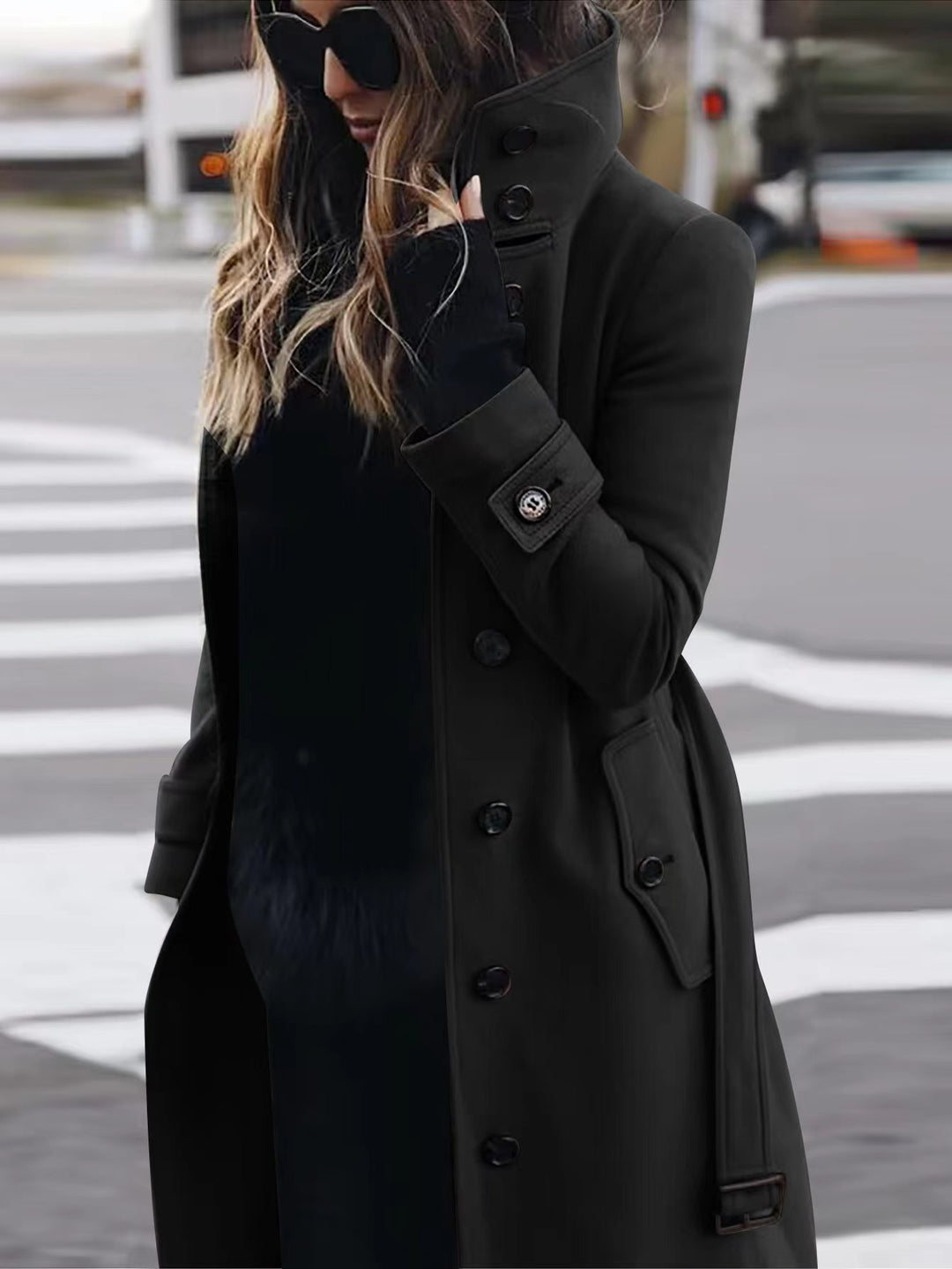 Women's Double-Breasted Trench Coat with High Standing Collar, Waist Belt and Cuff Detail Mune Fashion