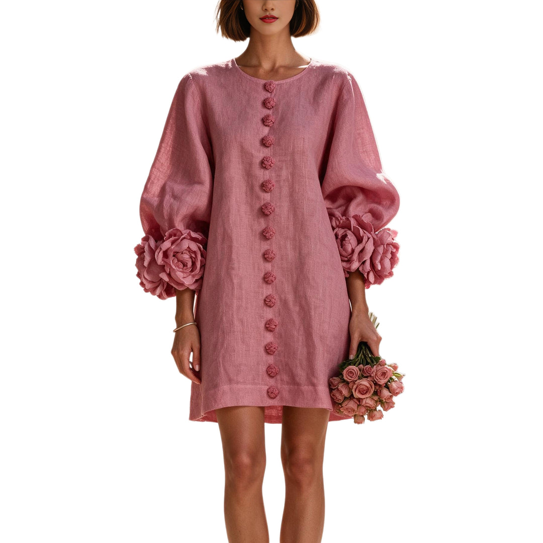 Ladies short dress made of linen with voluminous balloon sleeves and 3D flower cuffs Mune Fashion