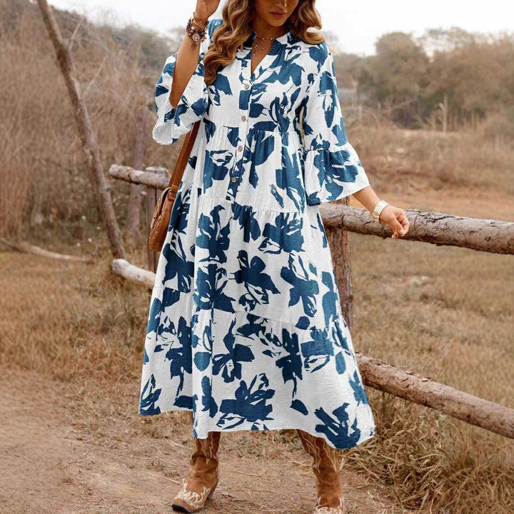Women's Long Tiered Dress with V-Neck, Button Placket and Ruffled Sleeves Mune Fashion