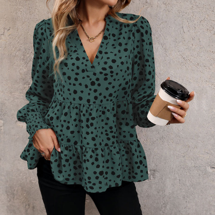Ladies V neck tunic with tiered hem, smocked cuffs and polka dot all-over print Mune Fashion