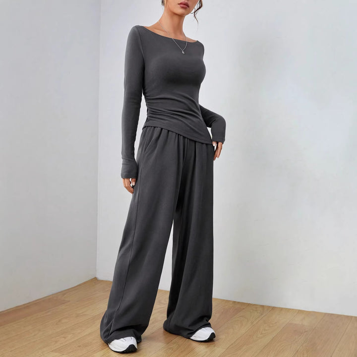 Women's Casual Two-Piece Lounge Set with Boat Neck, Tailored Draping and Wide Palazzo Pants Mune Fashion