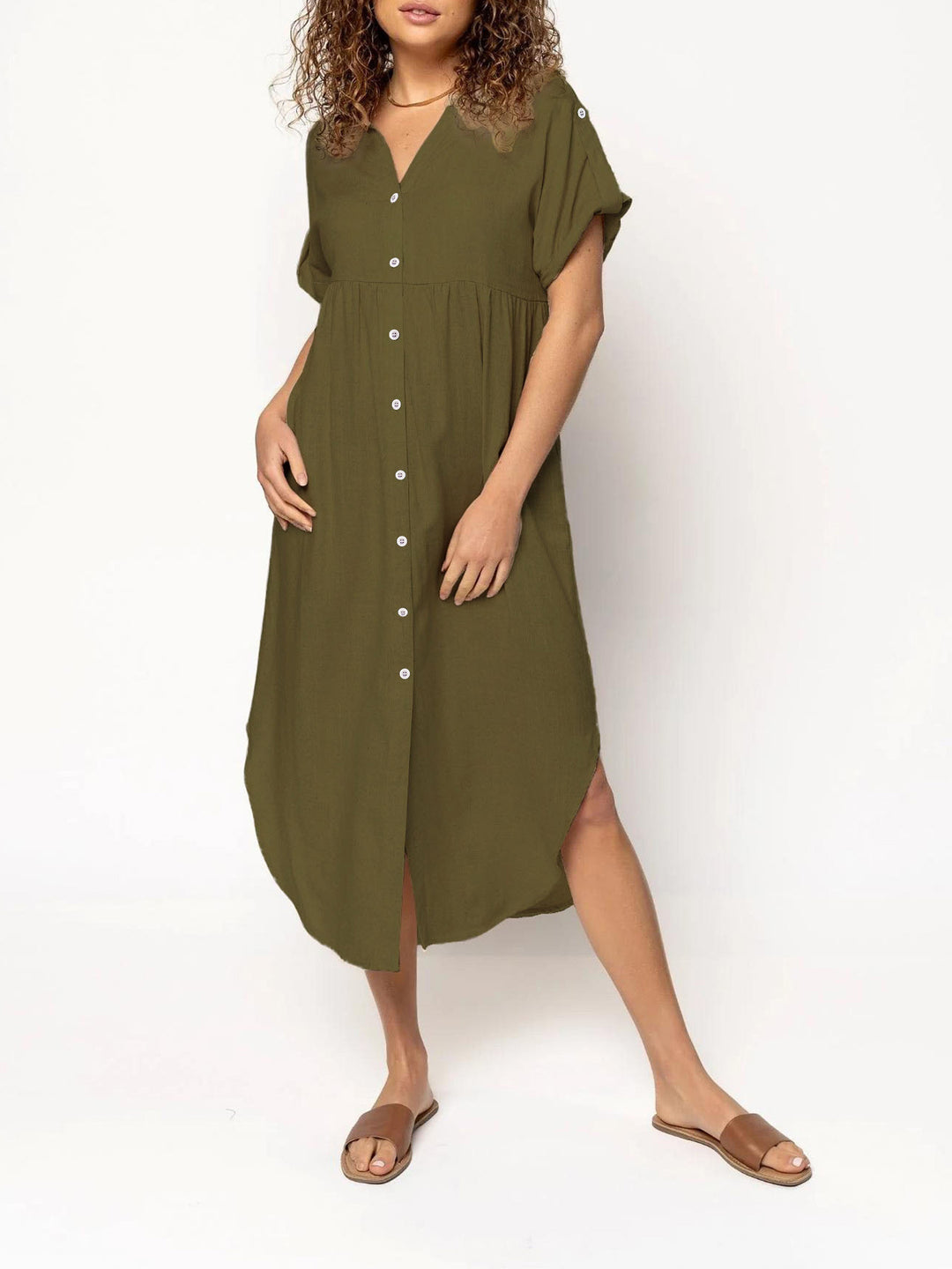 Ladies mid dress with button placket, V-neck and casual babydoll fit Mune Fashion