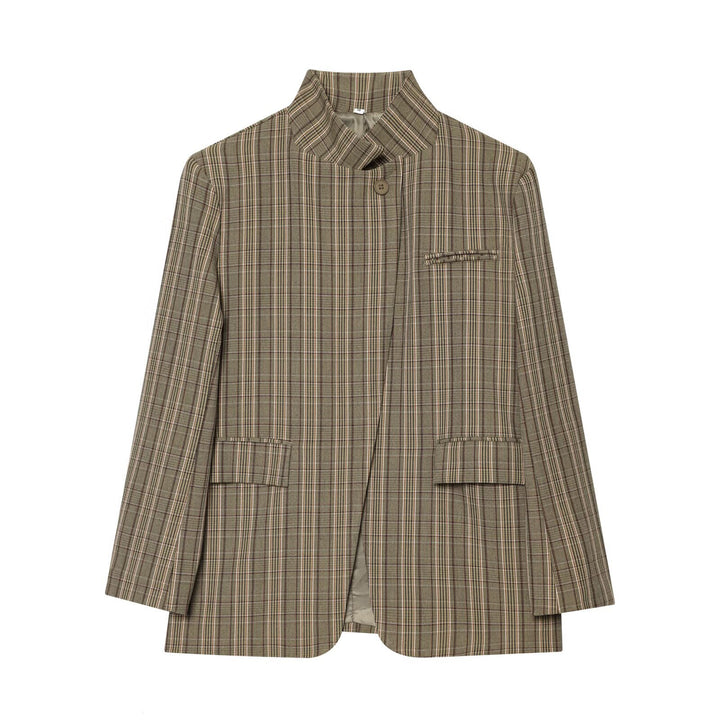 Women's Boxy Glencheck Blazer with Stand Collar and Flap Pockets Mune Fashion