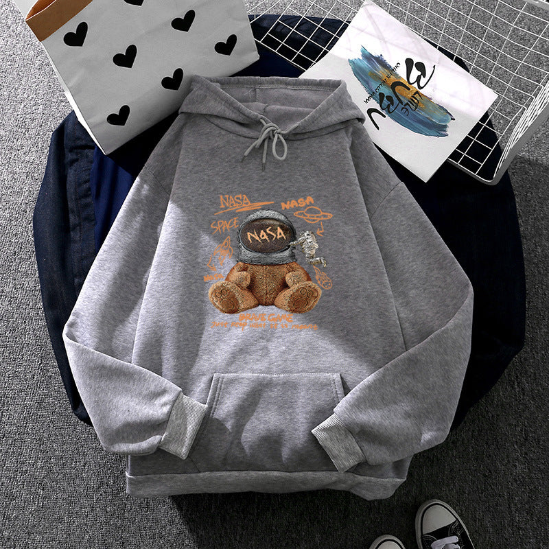 Women casual hoodie with astronaut teddy print, kangaroo pocket and soft fleece lining Mune Fashion