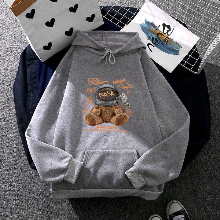 Women casual hoodie with astronaut teddy print, kangaroo pocket and soft fleece lining Mune Fashion