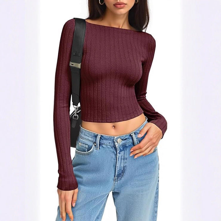 Women's Fitted Ribbed Cropped Long Sleeve with Boat Neck and Stretch Cotton Blend Mune Fashion