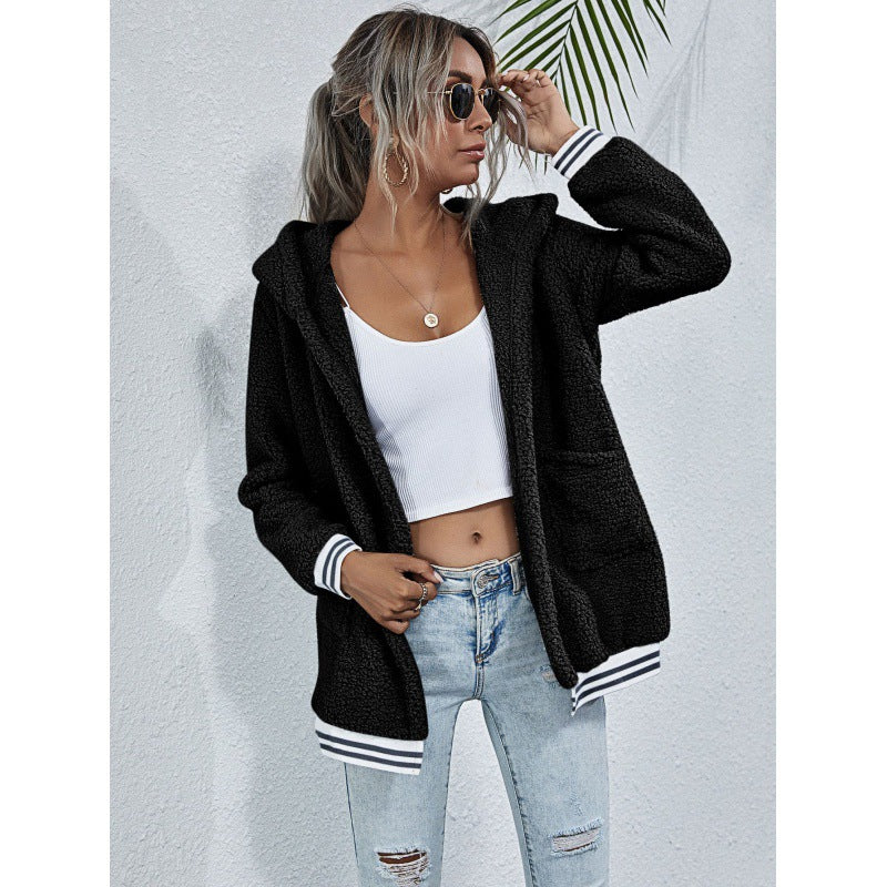 Women Teddy Fleece Hooded Jacket with Contrasting Cuffs and Patch Pockets Mune Fashion