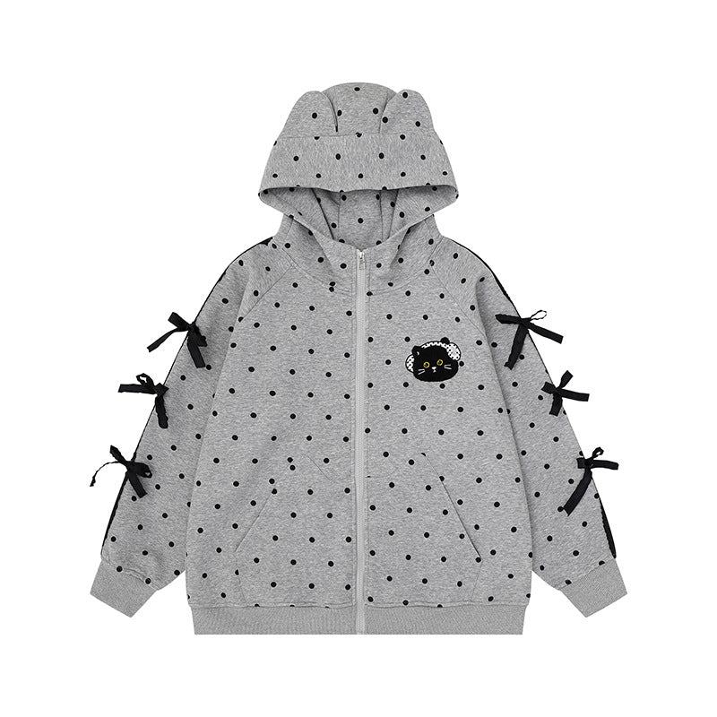 Women's hooded sweatshirt jacket with polka dot all-over, cat patch, bow sleeves and ear hood Mune Fashion