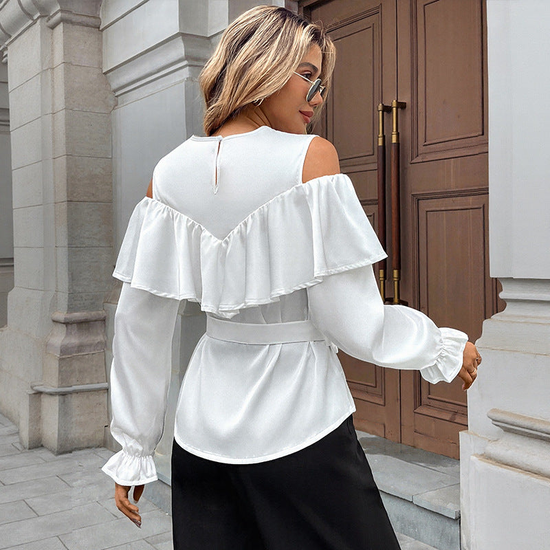 Women Elegant-Ruffle-Blouse with Cut-Out Shoulder and Tie Belt Mune Fashion