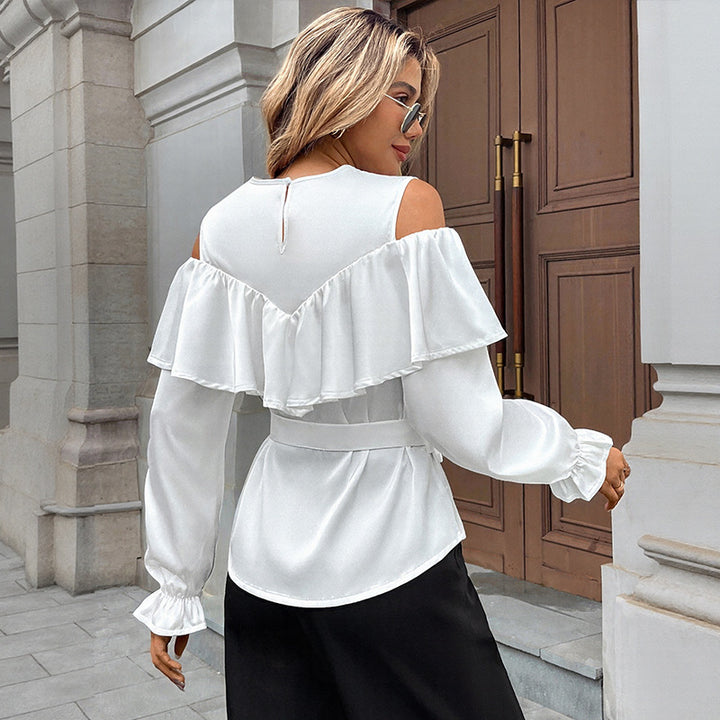 Women Elegant-Ruffle-Blouse with Cut-Out Shoulder and Tie Belt Mune Fashion