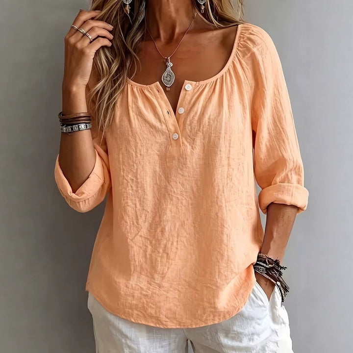 Women's Light Linen Look Tunic with Round Neckline, Button Placket and 3/4 Sleeves Mune Fashion