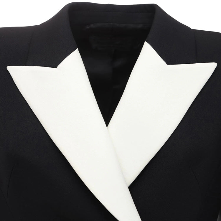 Women's fitted blazer dress-coat with contrasting shawl collar and flared skirt Mune Fashion