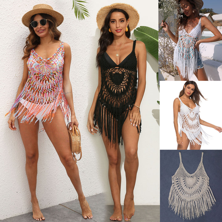 Women's airy crochet beach cover-up with colorful fringes Mune Fashion