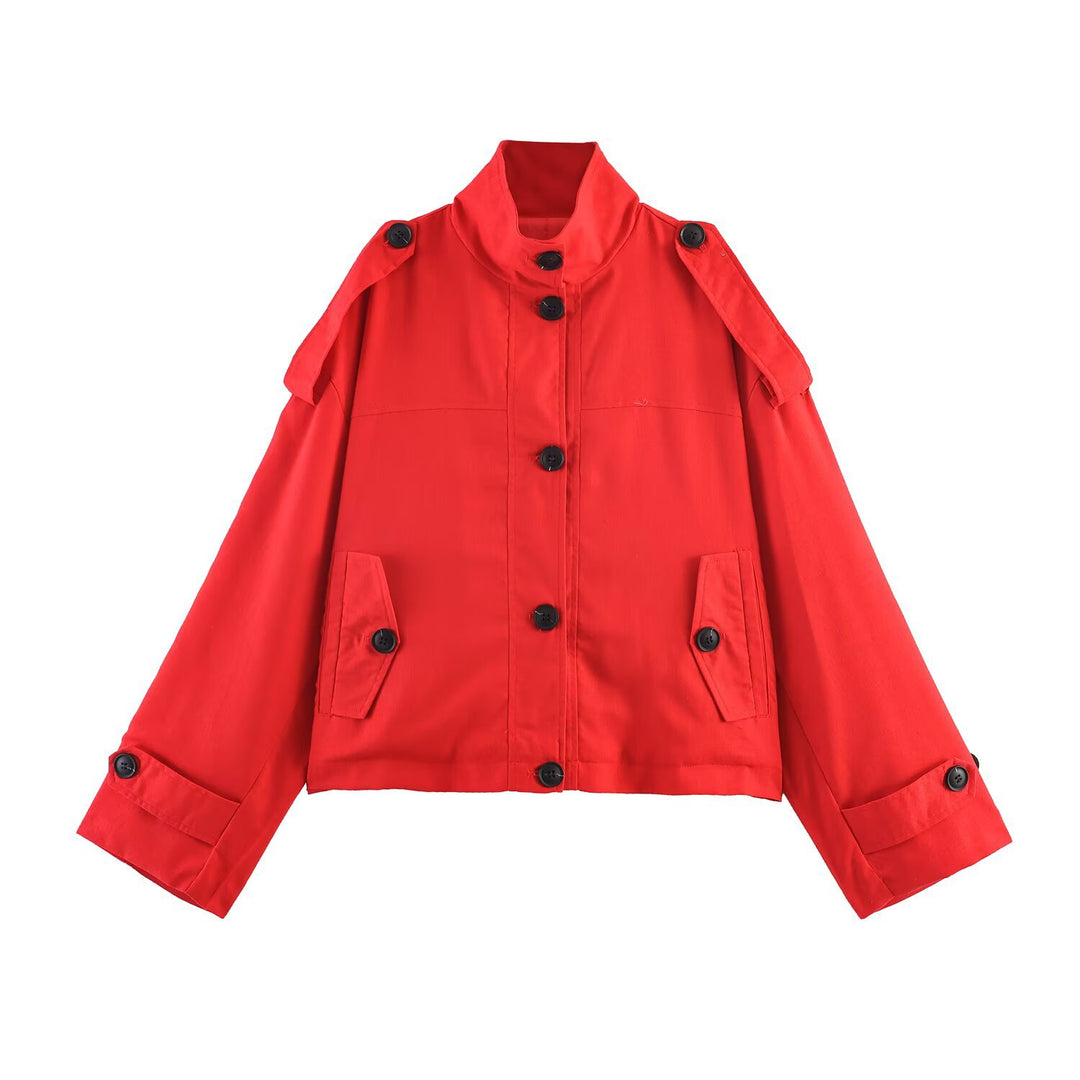 Women's Short Cut Oversized Trench Coat with Stand Collar and Epaulettes Mune Fashion