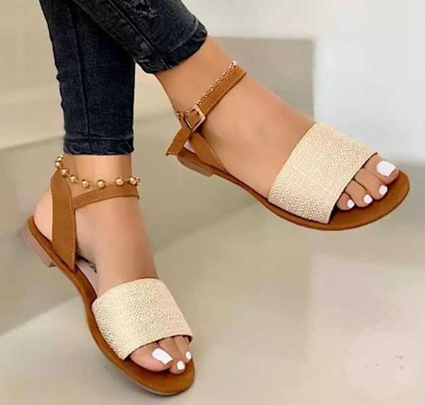 Women's flat sandal with wide rhinestone strap and adjustable ankle strap Mune Fashion