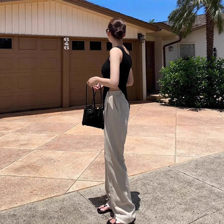 Women Wide Linen Blend Pants with High Waist, Crease and Side Pockets Mune Fashion