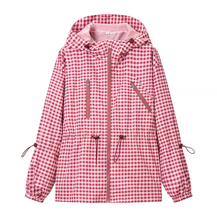 Women 20+ lightweight checkered hooded jacket with drawstring, zipper, and functional pockets Mune Fashion