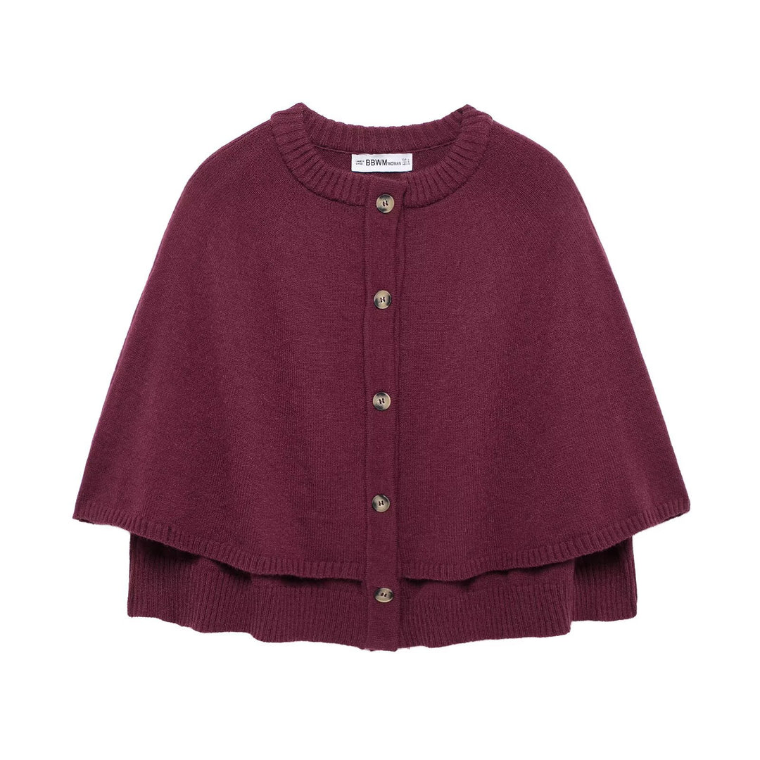 Women's Button-Front Knit Cape with Double Layer and Round Neckline Mune Fashion