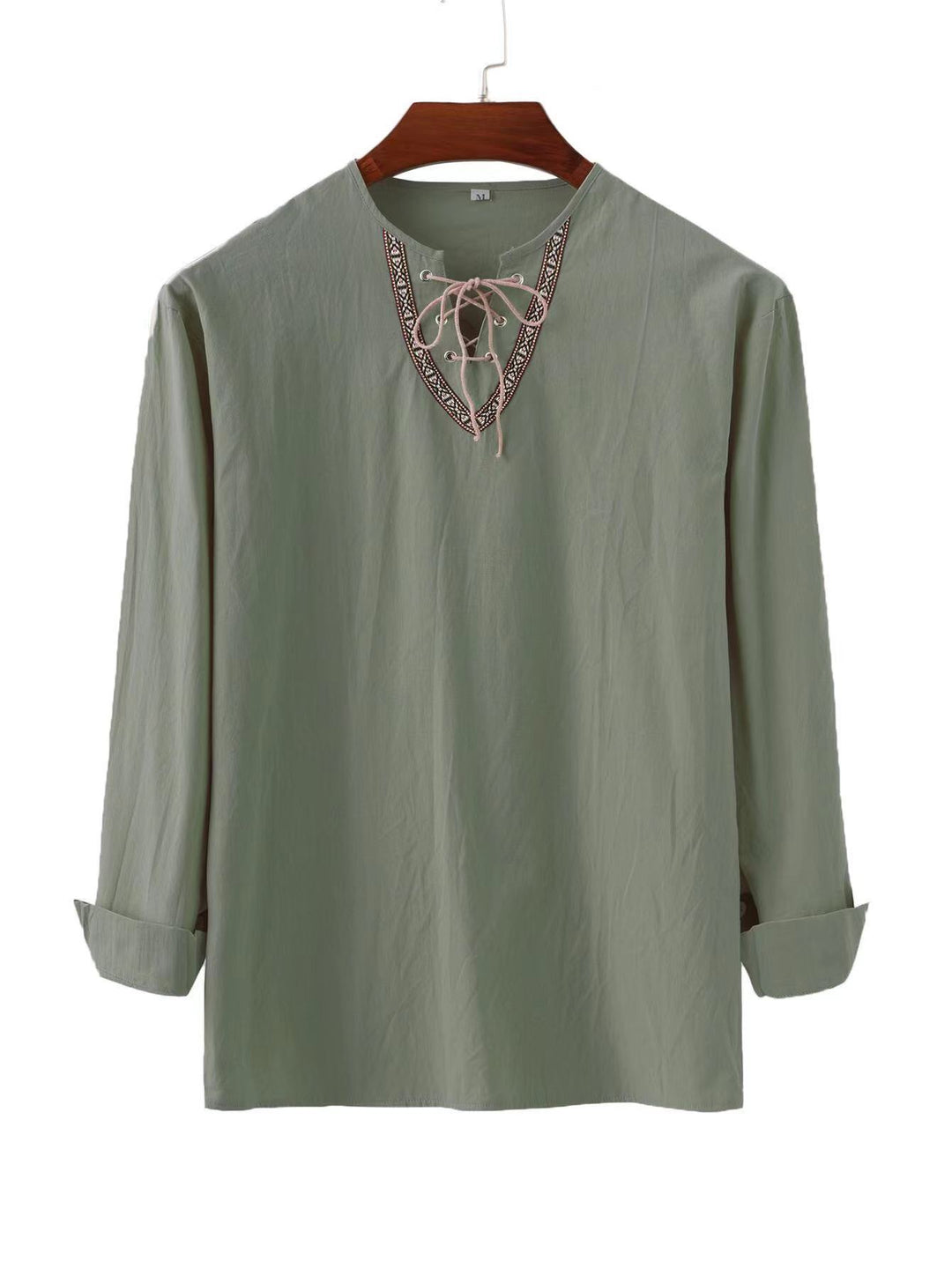 Men's linen tunic shirt with lacing and ethnic border Mune Fashion