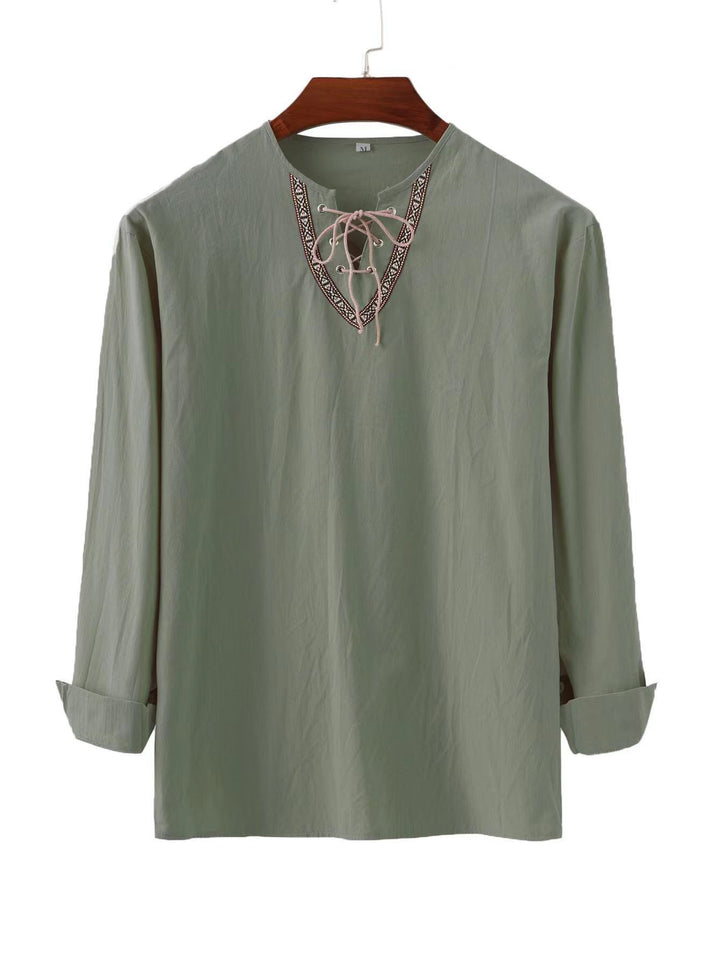 Men's linen tunic shirt with lacing and ethnic border Mune Fashion