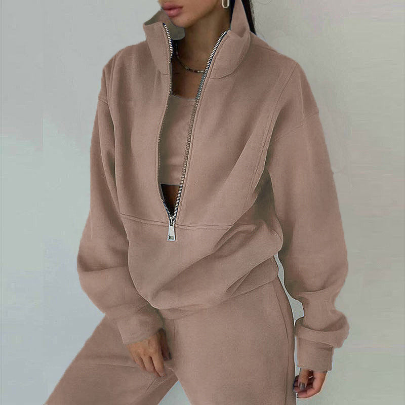 Ladies nan short half-zip sweatshirt and jogging pants set with stand-up collar, oversized cut and soft French terry Mune Fashion